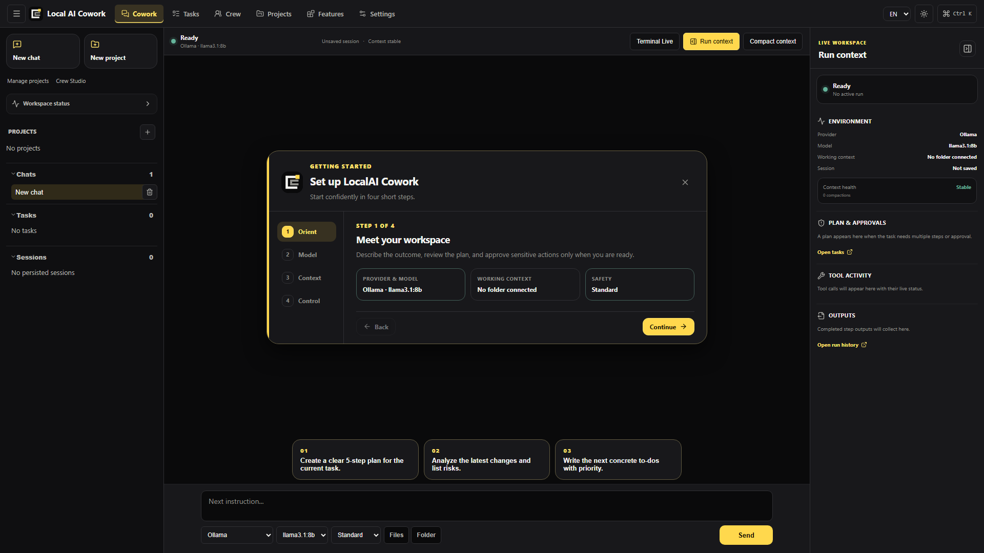 LocalAI Cowork desktop app with a local Ollama model ready for a task